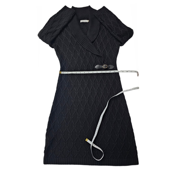Calvin Klein Black Shawl Collar Chunky Cable Knit Sweater Faix Wrap Dress - Picture 12 of 16